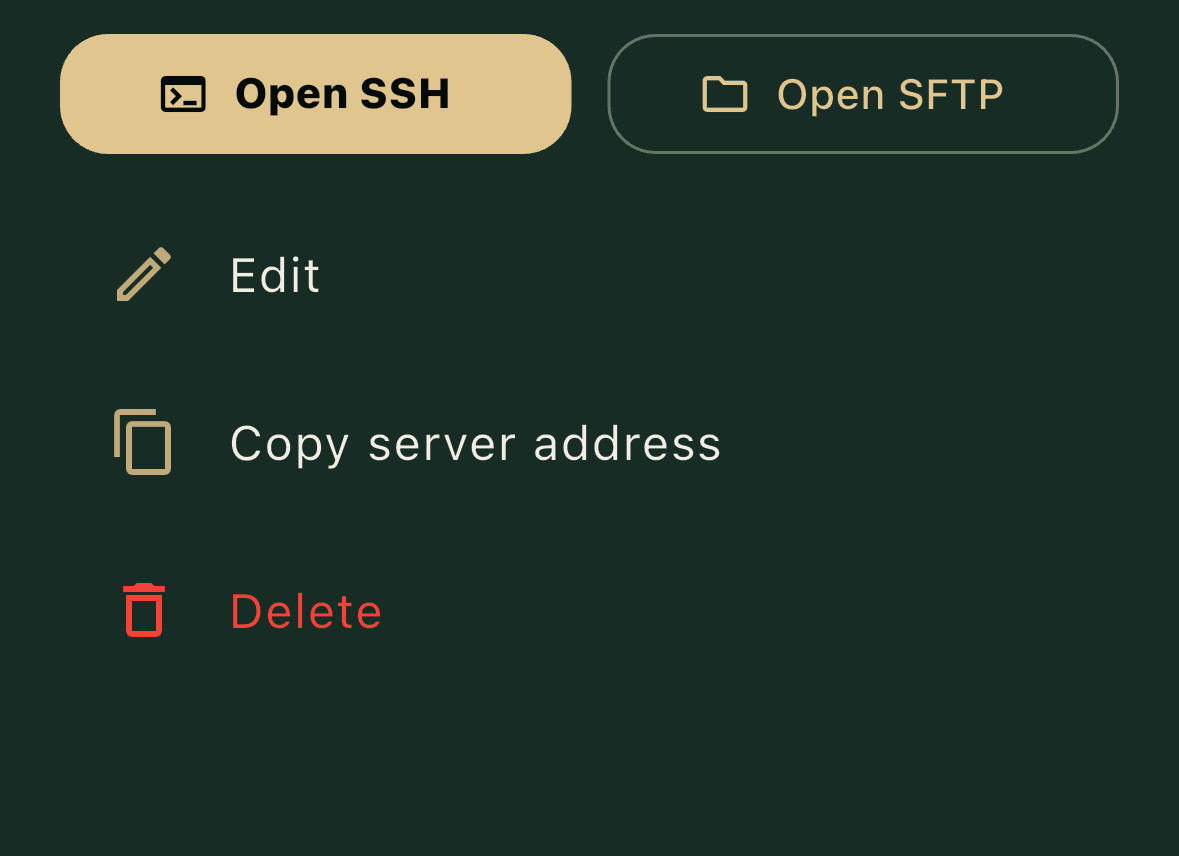 SSH Speed iPhone app showing Open SSH and Open SFTP actions for a saved server